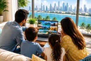 Family in Dubai apartment researching the best summer holidays from UAE 2026 on a laptop overlooking the marina skyline.