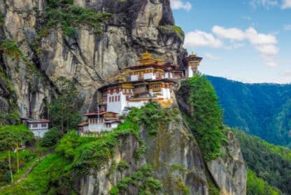 Paro Taktsang (Tiger's Nest) monastery cliffside view, perfect for Bhutan holiday packages from Dubai.