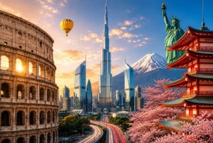 A vibrant digital collage of global travel landmarks including Rome's Colosseum, Dubai's Burj Khalifa, and Japan's Mount Fuji, promoting 2026 escorted group tour packages from Dubai, UAE by Satguru Travel.