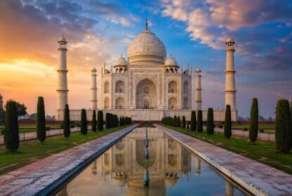 The Taj Mahal reflecting in the water at sunset, a prime destination for India Holiday Packages from Dubai, UAE.