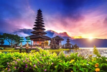 Pura Ulun Danu Bratan temple at sunset in Bali, featured in Indonesia holiday packages from Dubai, UAE.