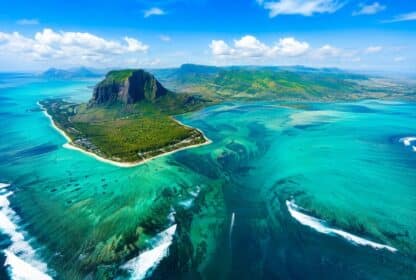 Aerial view of Le Morne Brabant underwater waterfall, a highlight of Mauritius holiday packages from Dubai, UAE.