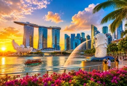 Merlion fountain and Marina Bay Sands at sunset, featured in Singapore Holiday Packages from Dubai, UAE.