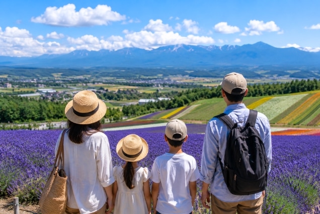 Family overlooking vibrant lavender and flower fields in Furano, Hokkaido, during a Japan summer family vacation.