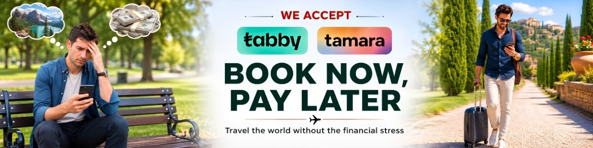Satguru Travel UAE banner for booking flights and holidays using Book Now Pay Later payment partners Tabby and Tamara.