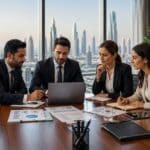 Four corporate professionals in formal attire review travel policy in a Dubai high-rise office with skyline views.