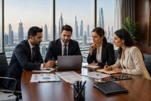 Four corporate professionals in formal attire review travel policy in a Dubai high-rise office with skyline views.