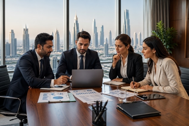 Four corporate professionals in formal attire review travel policy in a Dubai high-rise office with skyline views.