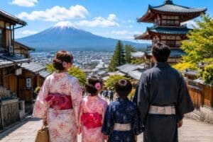 Family in traditional yukata looking at Mount Fuji and a pagoda during a Japan family vacation in summer 2026.