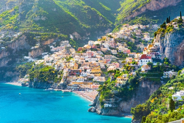 Positano Amalfi Coast Italy with colorful cliffside homes overlooking the Mediterranean Sea