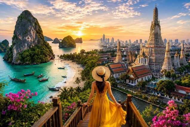Woman in yellow dress overlooking Railay Beach cliffs and Bangkok's Wat Arun temple at sunset, Thailand 2026