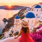 Woman in red dress admiring Santorini's blue-domed churches at sunset, Greece