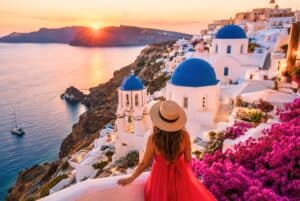 Woman in red dress admiring Santorini's blue-domed churches at sunset, Greece