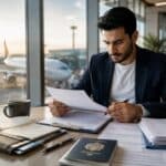 Man reviewing visa application documents and passport at an airport lounge before an international flight