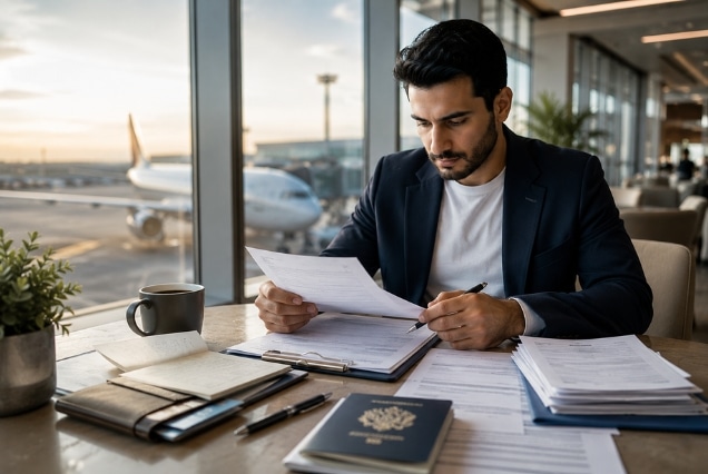 Man reviewing visa application documents and passport at an airport lounge before an international flight