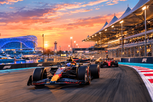 Abu Dhabi F1 Grand Prix 2026: F1 cars racing at Yas Marina Circuit at sunset