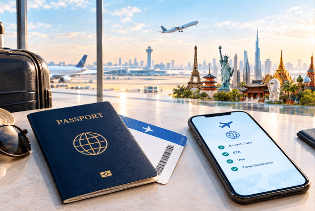 Passport, boarding pass and phone showing arrival card and visa checklist for mandatory arrival cards 2026
