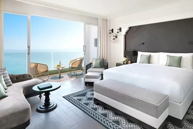 Sea view room with balcony and king bed at Fairmont Fujairah Beach Resort