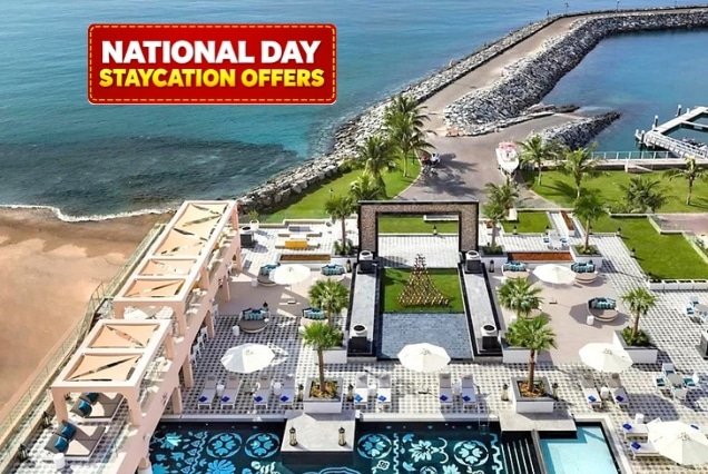 Aerial view of Fairmont Fujairah Beach Resort pool terrace and beach – National Day Staycation Offer