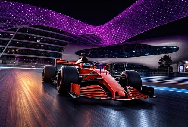 Red Formula 1 car racing at night beside a purple-lit building – Grand Prix Formula F1 Abu Dhabi