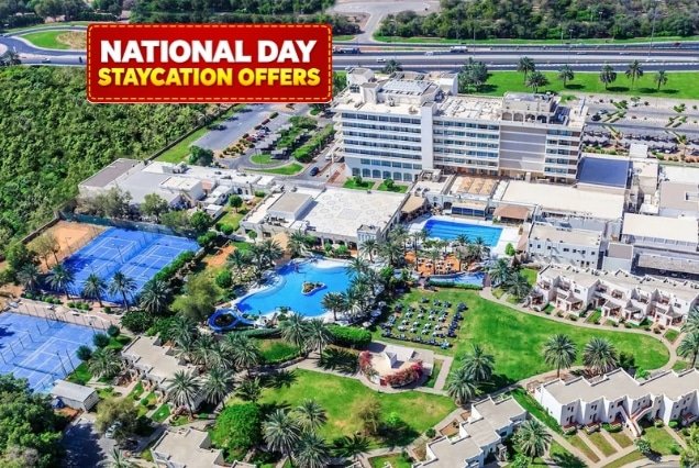 Aerial view of Radisson Blu Hotel & Resort, Al Ain pools and gardens – National Day Staycation Offer
