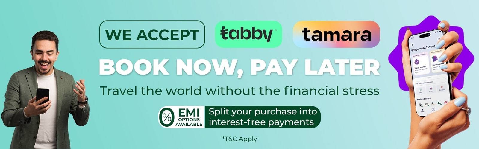 Split your travel costs with Tabby or Tamara at Satguru Travel. Book flights & visas in 4 interest-free payments. 0% interest. Book now!