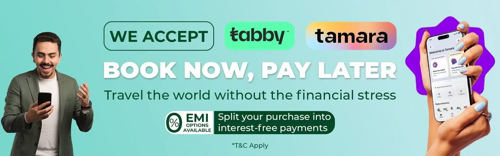 Split your travel costs with Tabby or Tamara at Satguru Travel. Book flights & visas in 4 interest-free payments. 0% interest. Book now!