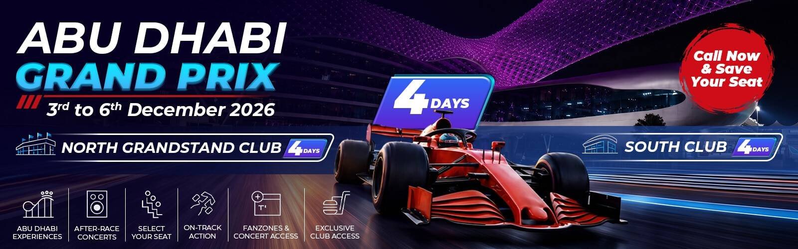 Book Grand Prix Formula F1 Abu Dhabi tickets: North Grandstand Club and South Club, 4 days, 3-6 December 2026